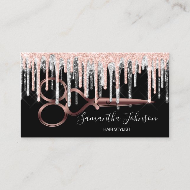 Modern Silver drip hairstylist hairdresser Business Card (Front)