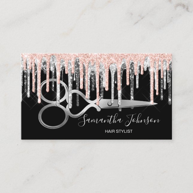 Modern Silver drip hairstylist hairdresser Business Card (Front)