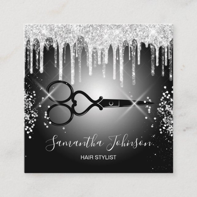 Modern Silver drip hairstylist hairdresser Square Business Card (Front)
