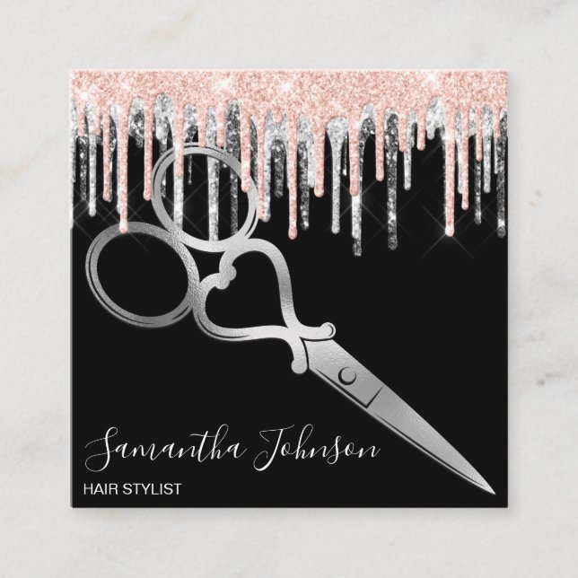 Modern Silver drip hairstylist hairdresser Square Business Card (Front)
