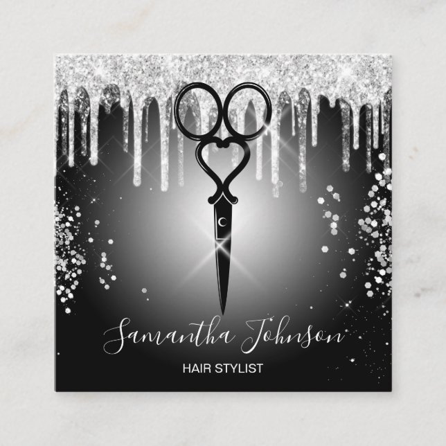 Modern Silver drip hairstylist hairdresser Square Business Card (Front)
