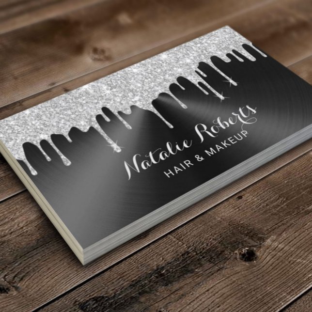 Modern Silver Drips Black Metal Makeup Artist Hair Business Card (Creator Uploaded)