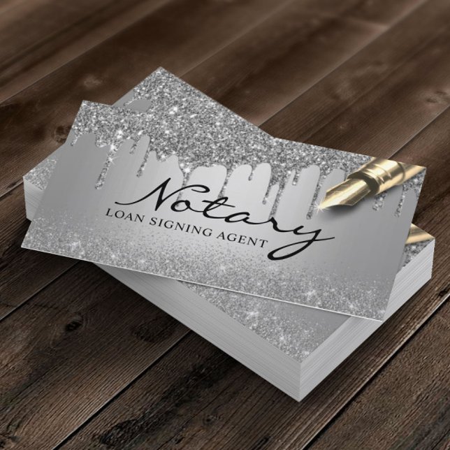 Modern Silver Drips Notary Loan Signing Agent Business Card (Creator Uploaded)