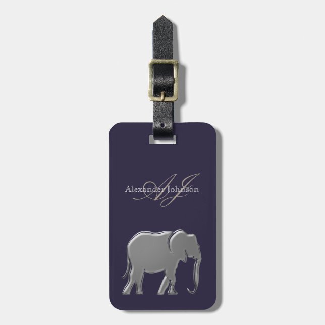 Modern Silver Elephant Monogrammed Luggage Tag (Front Vertical)