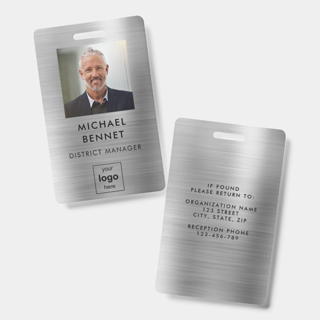 Modern Silver Employee Photo ID  Badge (Front & Back)
