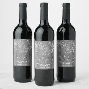 Modern Silver Floral New Years Eve Wine Label