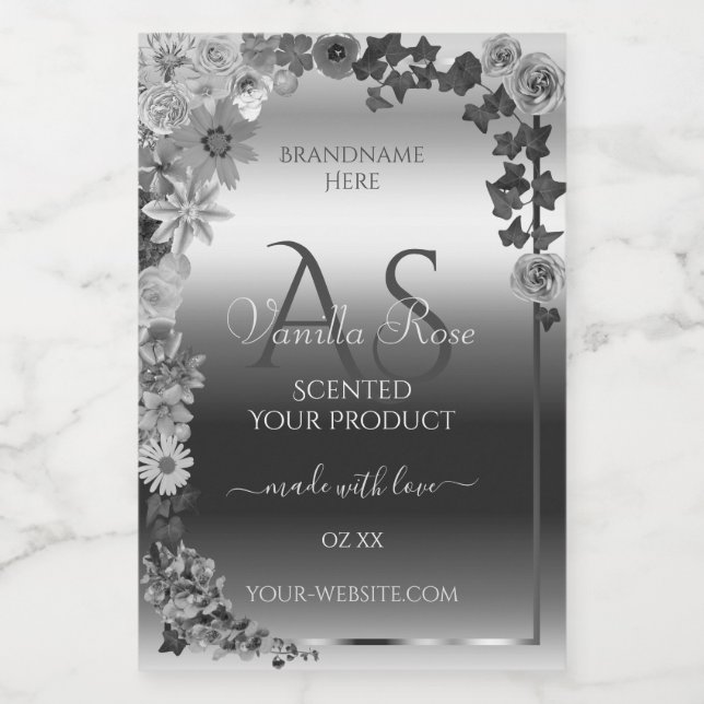 Modern Silver Floral Product Labels with Monogram (Single Label)