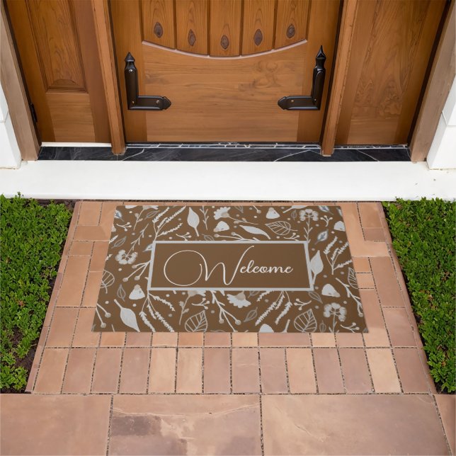 Modern Silver Floral Trendy Brown Personalised  Doormat (Outdoor)