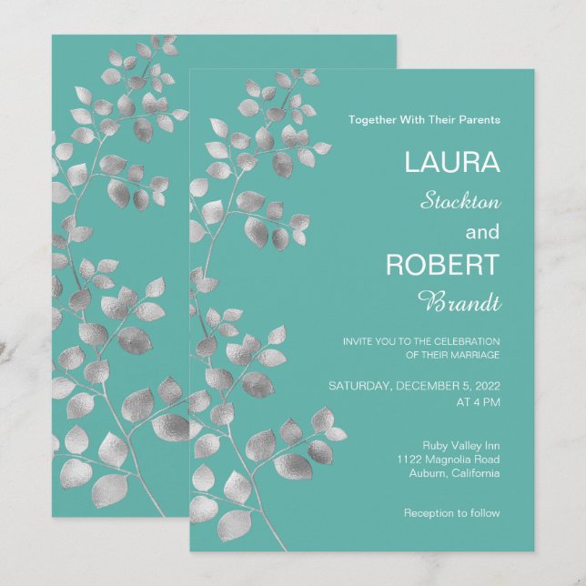Modern Silver Floral Wedding Invitation (Front/Back)