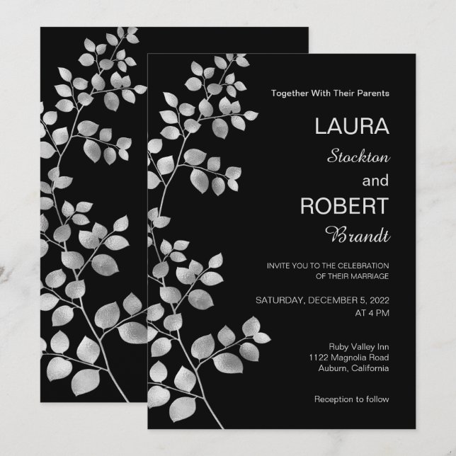 Modern Silver Floral Wedding Invitation (Front/Back)