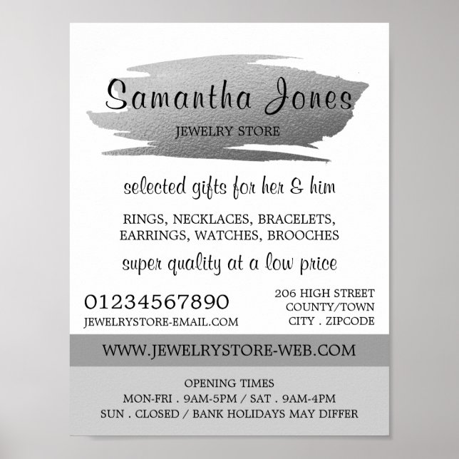 Modern Silver Foil Brushstroke, Jewelry Store Poster (Front)