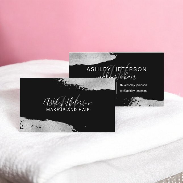 Modern silver foil brushstroke makeup monogram business card (Modern silver foil brushstroke makeup monogram business card)