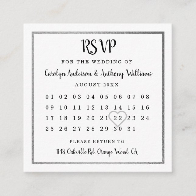 Modern Silver Foil Calendar RSVP Enclosure Card (Front)