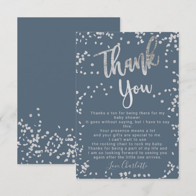 Modern silver foil confetti blue thank baby shower thank you card (Front/Back)