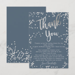 Modern silver foil confetti blue thank baby shower thank you card