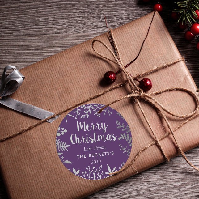 Modern Silver Foil Foliage Christmas Classic Round Sticker (Creator Uploaded)