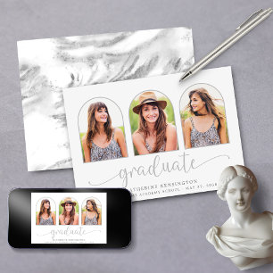 Modern Silver Foil Marble Arch 3 Photo Graduation Invitation