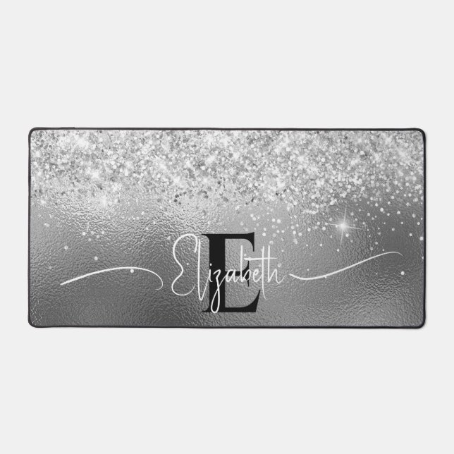 Modern Silver Foil Metal Silver Glitter Monogram Desk Mat (Front)
