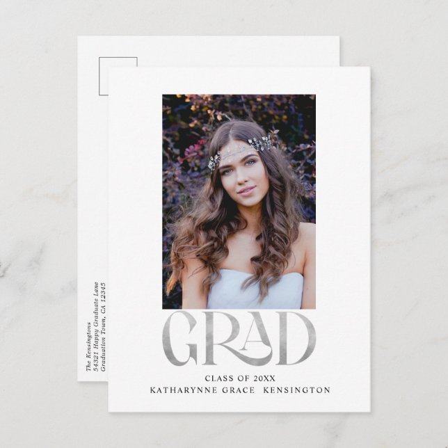 Modern Silver Foil Photo Graduation Party Announcement Postcard (Front/Back)