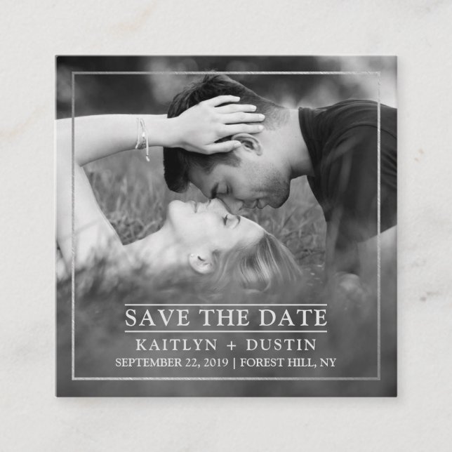 Modern Silver Foil Photo Save The Date Enclosure Card (Front)