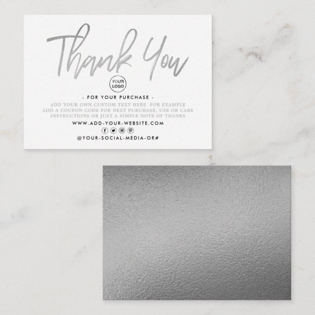 Modern Silver Foil Script Business Thank You Enclosure Card (Front/Back)