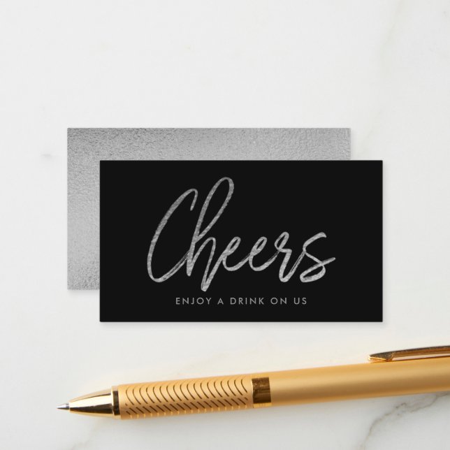 Modern Silver Foil Script "Cheers" Drink Ticket Enclosure Card (Front/Back In Situ)