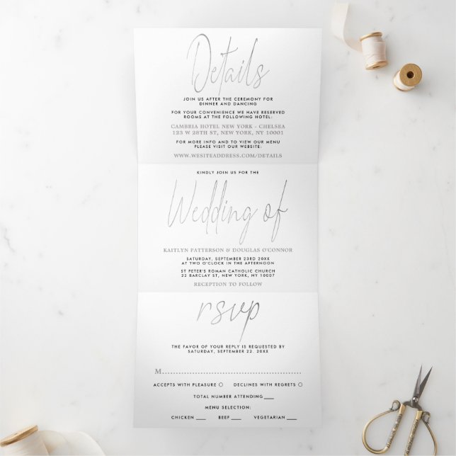 Modern Silver Foil Script Wedding Suite Tri-Fold Invitation (Inside)