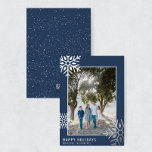 Modern Silver Foil Snowflake Photo Holiday Card<br><div class="desc">Modern, vertical holiday card features a winter-themed design with snow flakes and real silver foil. Personalize with the easy to edit template featuring a simple, minimalist font. Replace the photo on the front with your own. The back is white snowfall (not real silver foil). Check out other items in the...</div>