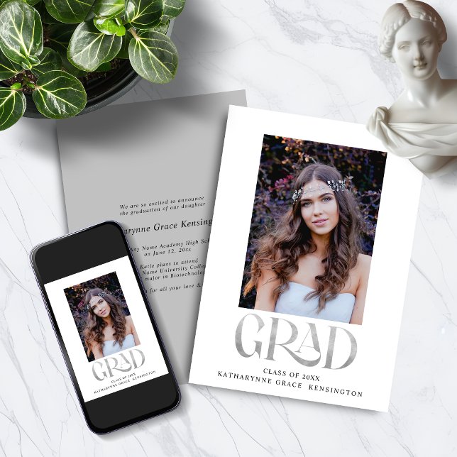 Modern Silver Foil Typography Photo Graduation Announcement (Modern Silver Foil Typography Photo Graduation Announcement Invitation with Instant Download option)