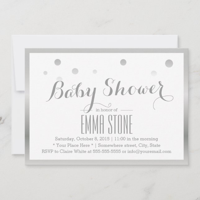 Modern Silver Frame Confetti Dots Baby Shower Invitation (Front)