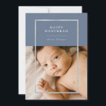 Modern Silver Frame Hanukkah Photo Blue Holiday Card<br><div class="desc">Elegant faux silver foil frame,  Happy Hanukkah Holiday photo card. Features,  single photo on front and two photo template spaces on back of card with coordinating blue colour backgrounds.</div>