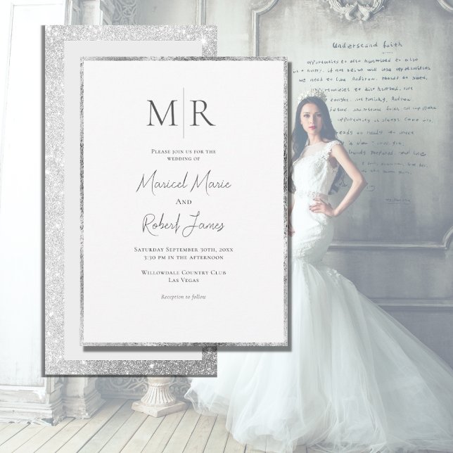 Modern Silver Frame Monogram Elegant Wedding Invitation (Creator Uploaded)