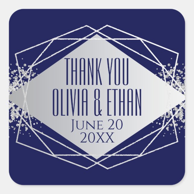 Modern Silver Geometric on Navy Square Sticker (Front)