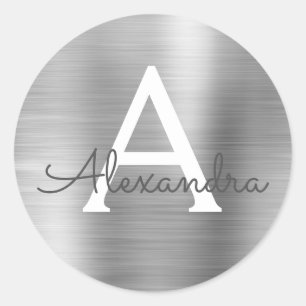 Modern Silver Girly Metallic Monogram Classic Round Sticker