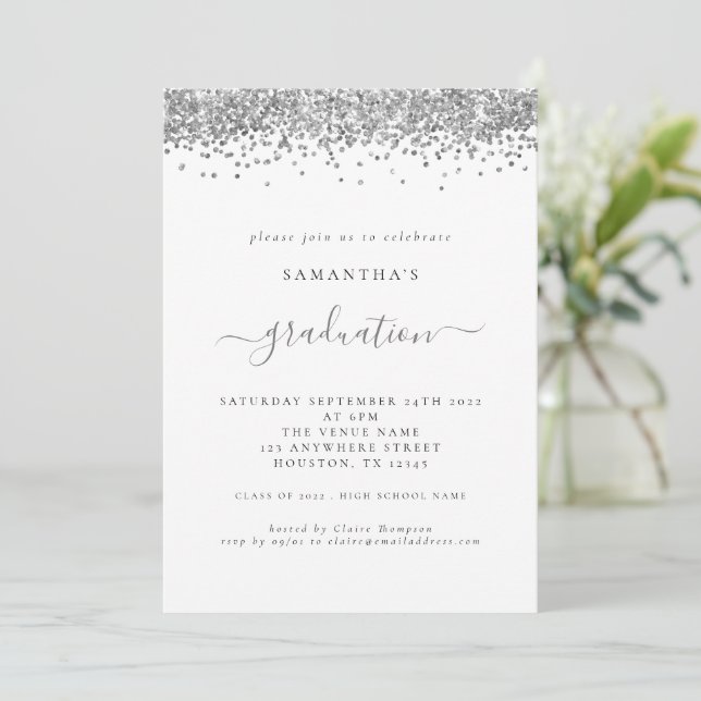 Modern Silver Glitter 2024 Graduation Invitation (Standing Front)