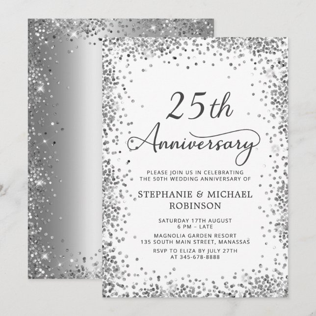Modern Silver Glitter 25th Wedding Anniversary Invitation (Front/Back)