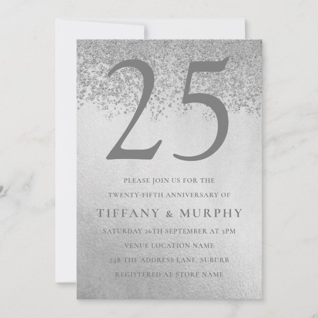 Modern Silver Glitter 25th Wedding Anniversary Invitation (Front)