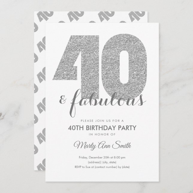 Modern Silver Glitter 40 & Fabulous Birthday Party Invitation (Front/Back)