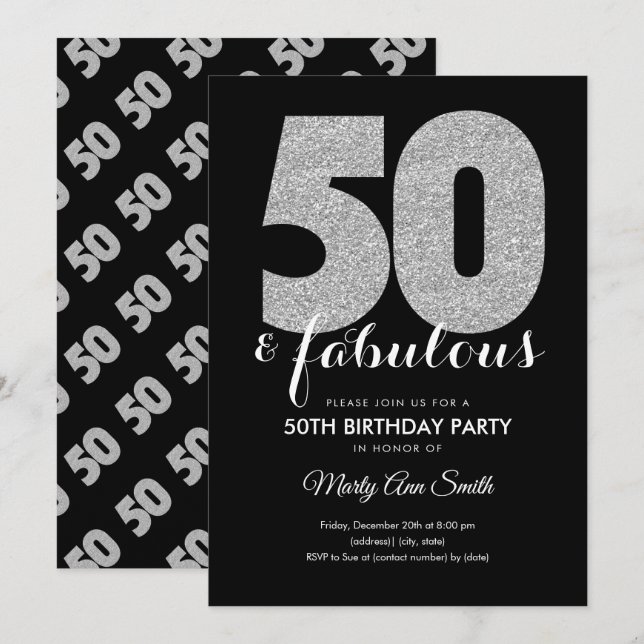 Modern Silver Glitter 50 & Fabulous Birthday Party Invitation (Front/Back)
