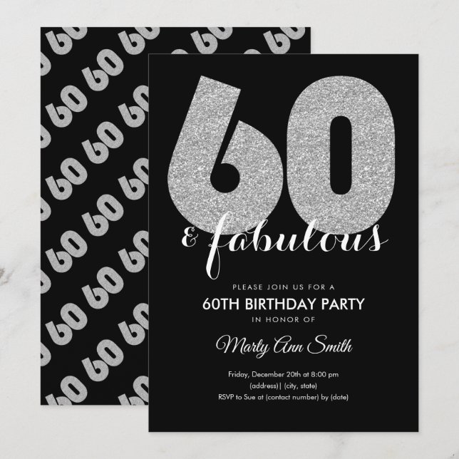Modern Silver Glitter 60 & Fabulous Birthday Party Invitation (Front/Back)