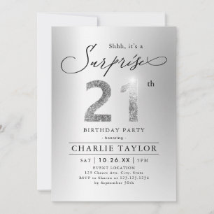 Modern silver glitter adult surprise 21st birthday invitation