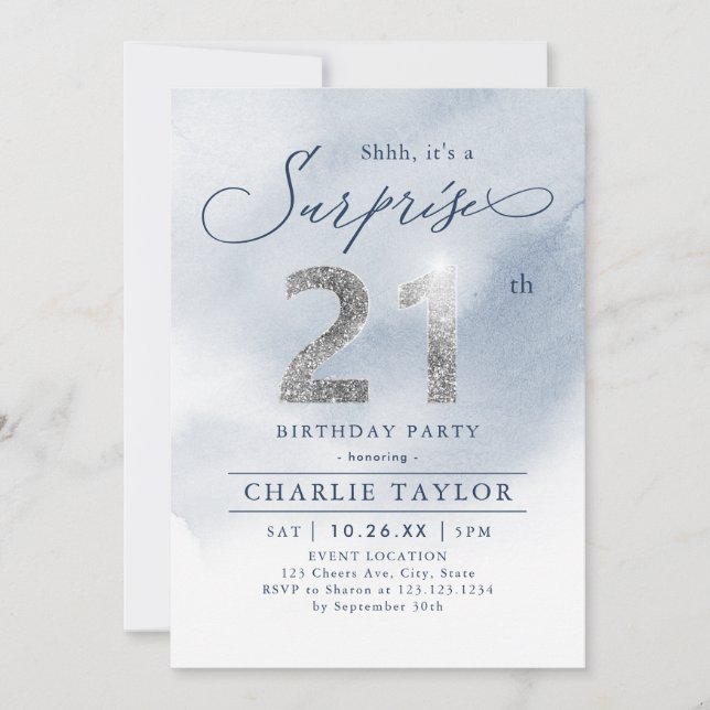Modern silver glitter adult surprise 21st birthday invitation (Front)