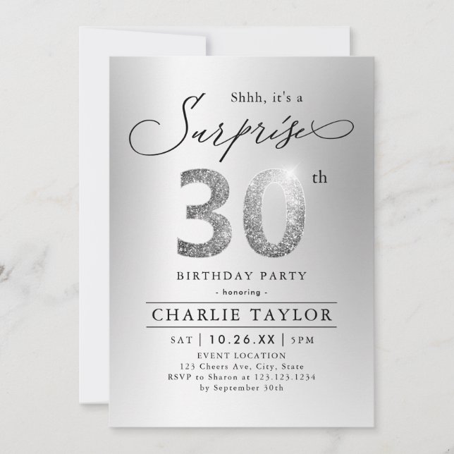 Modern silver glitter adult surprise 30th birthday invitation (Front)