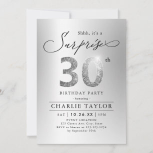 Modern silver glitter adult surprise 30th birthday invitation