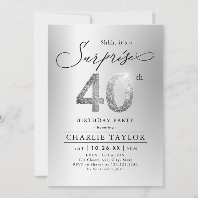 Modern silver glitter adult surprise 40th birthday invitation (Front)