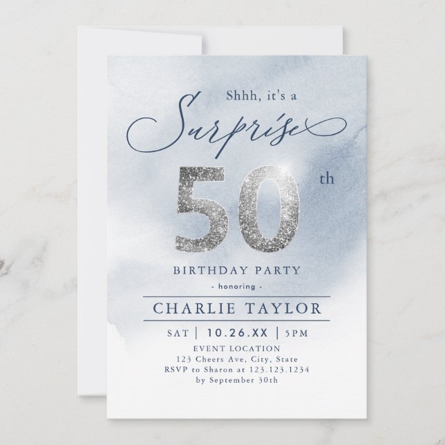 Modern silver glitter adult surprise 50th birthday invitation (Front)