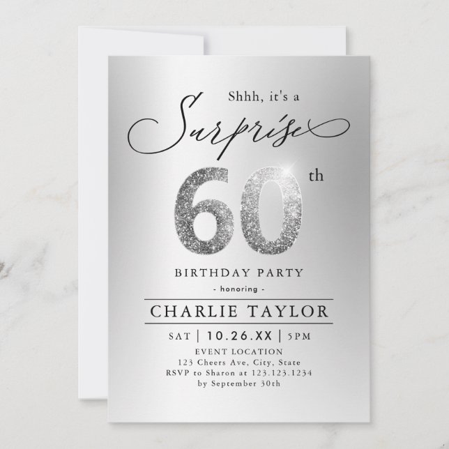 Modern silver glitter adult surprise 60th birthday invitation (Front)