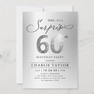 Modern silver glitter adult surprise 60th birthday invitation