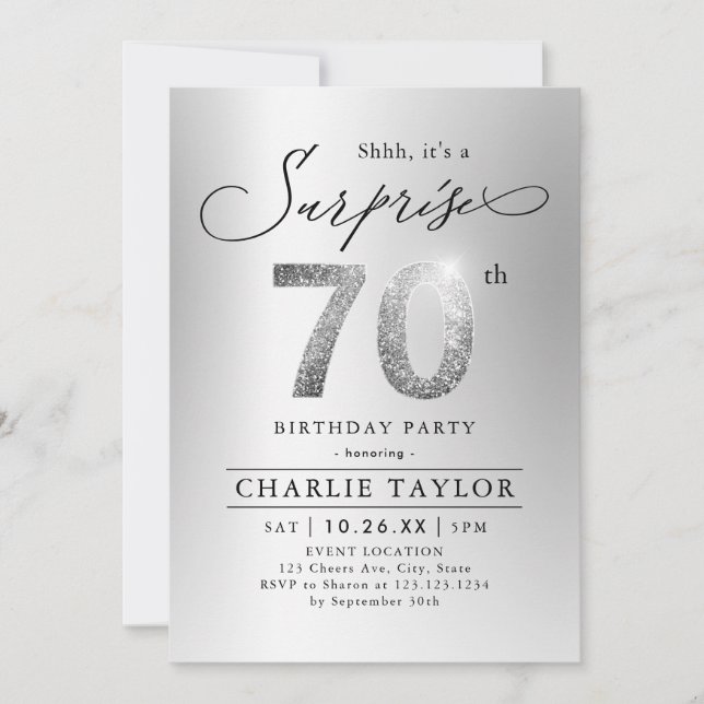 Modern silver glitter adult surprise 70th birthday invitation (Front)