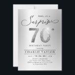 Modern silver glitter adult surprise 70th birthday invitation<br><div class="desc">Modern Shhh, it's a surprise 70th birthday party invitation features stylish script and faux silver glitter number 70 and your party details on silver background, simple and elegant, great surprise adult milestone birthday invitation for men and women. the black background colour can be changed to any colour of your choice....</div>